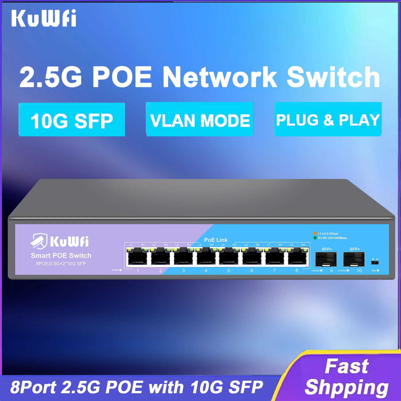 

KuWFi 8Port 2.5G POE Switch Gigabit POE Network Switch10G SFP Port High Performance Ethernet Switch Support VLAN for Home Camera