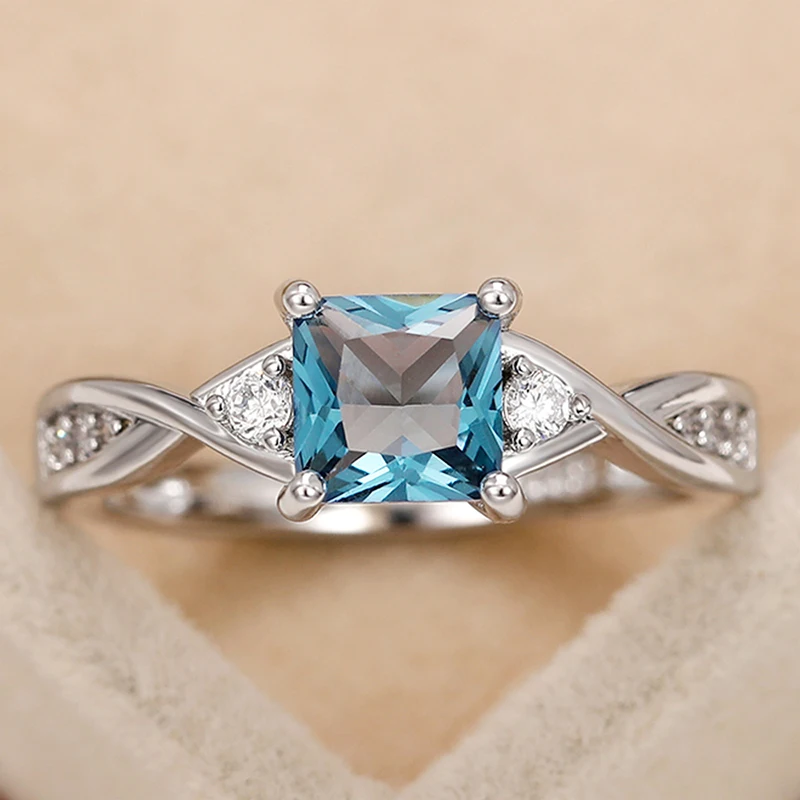 Huitan Blue Princess Square Cut Zirconia Ring Women Fashion Luxury Wedding Band Bridal Accessories Silver Color Finger Jewelry