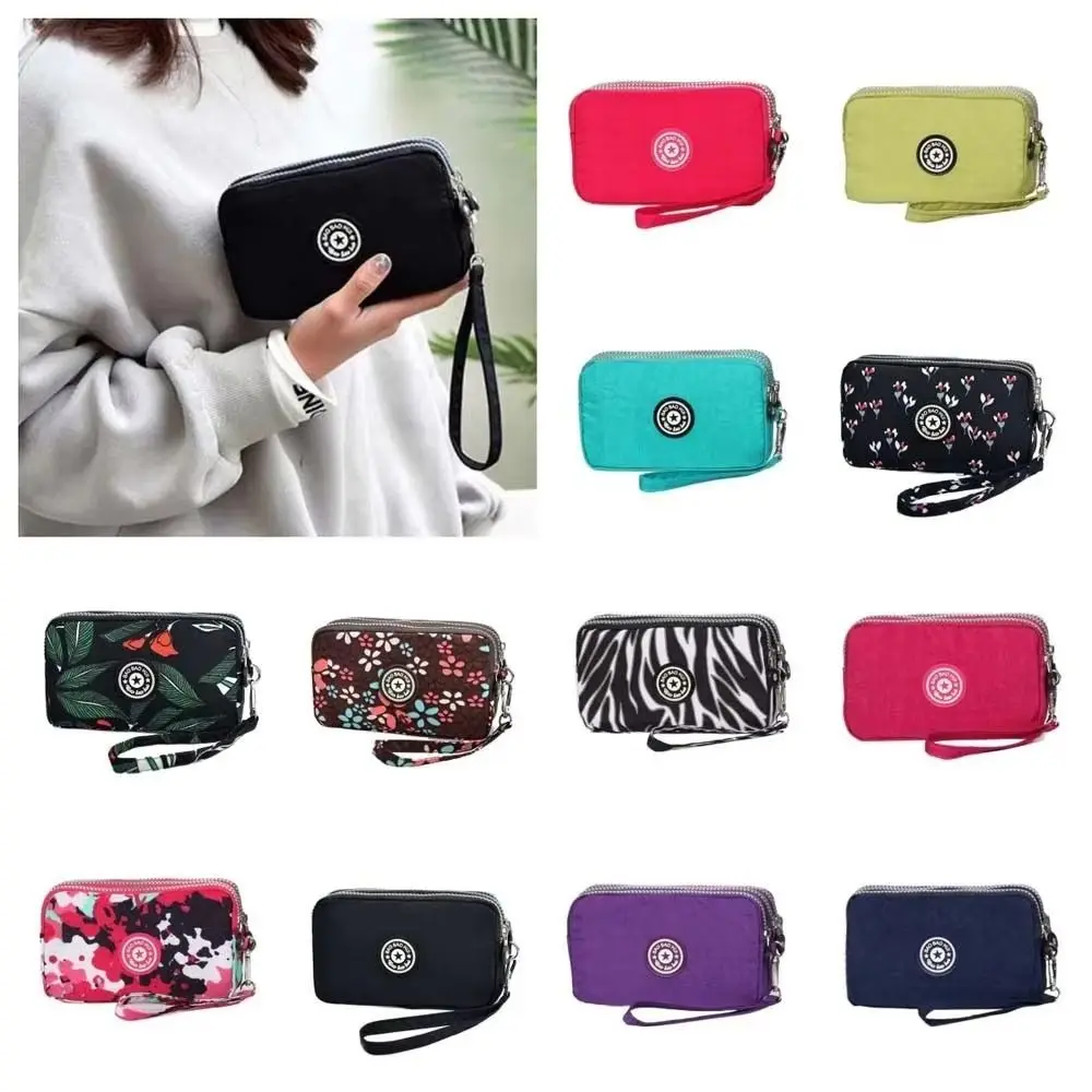 Universal Three Layers Coin Purse Oxford Cloth Large Capacity Print Flower Wallet Zipper Waterproof Pouch Purse