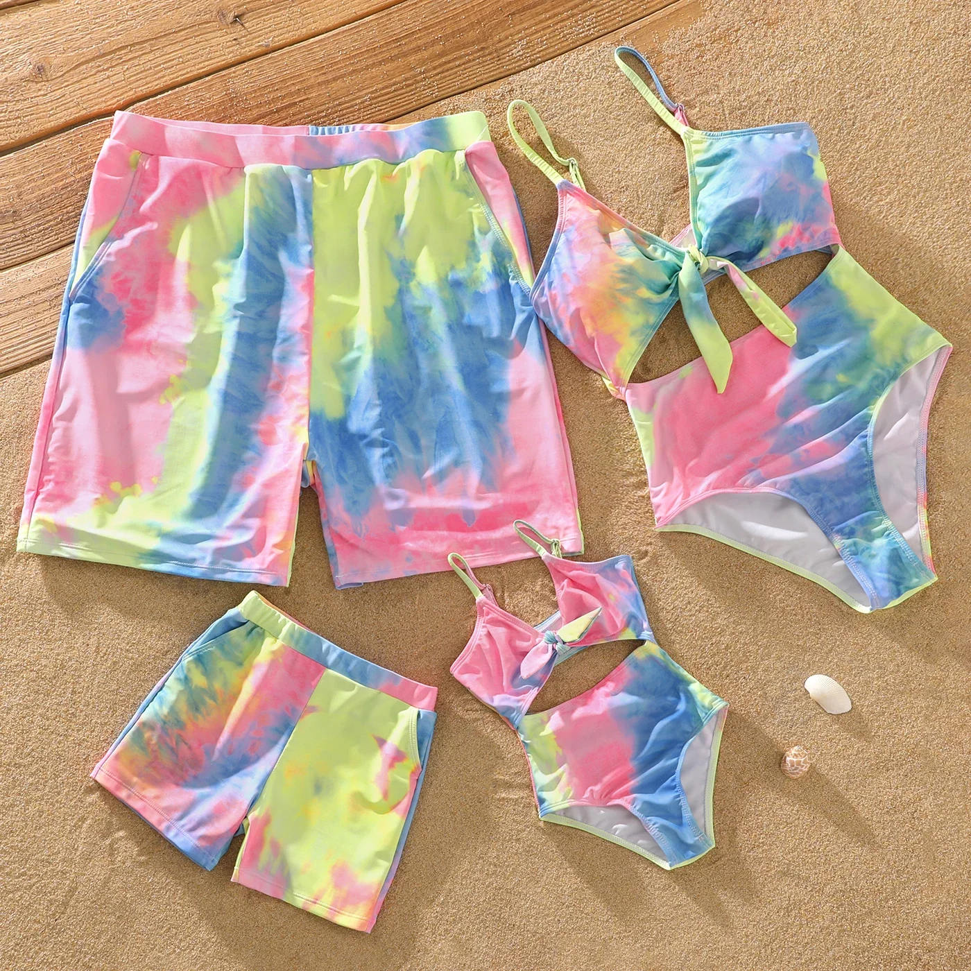 PatPat Family Matching Swimsuits Tie Dye V Neck Self-tie Hollow Out Spaghetti Strap One-Piece Swimsuit and Swim Trunks Shorts