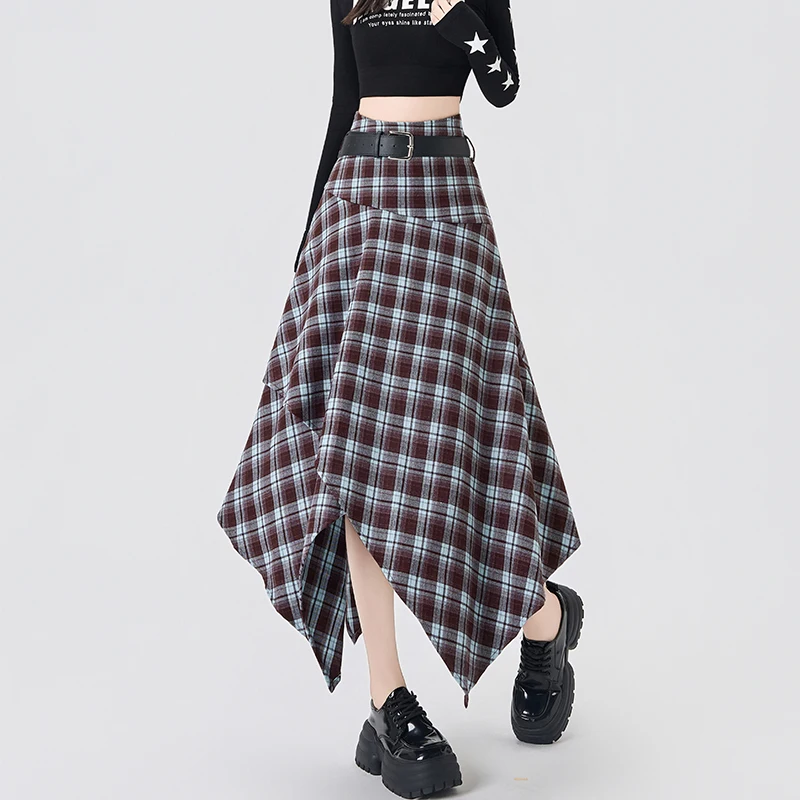 

Y2K Korean Women Skirt Irregular Plaid Midi High Waist Umbrella A Line Long Skirt Autumn Sweet Cool Retro