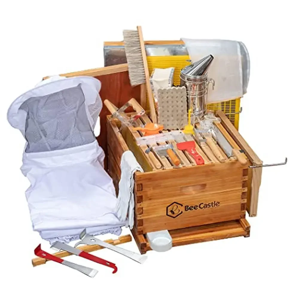 Complete Beekeeping Starter Kit with Premium Tools and Free Size Protective Suit 8-Frame Beehive Dipped in 100% Beeswax and