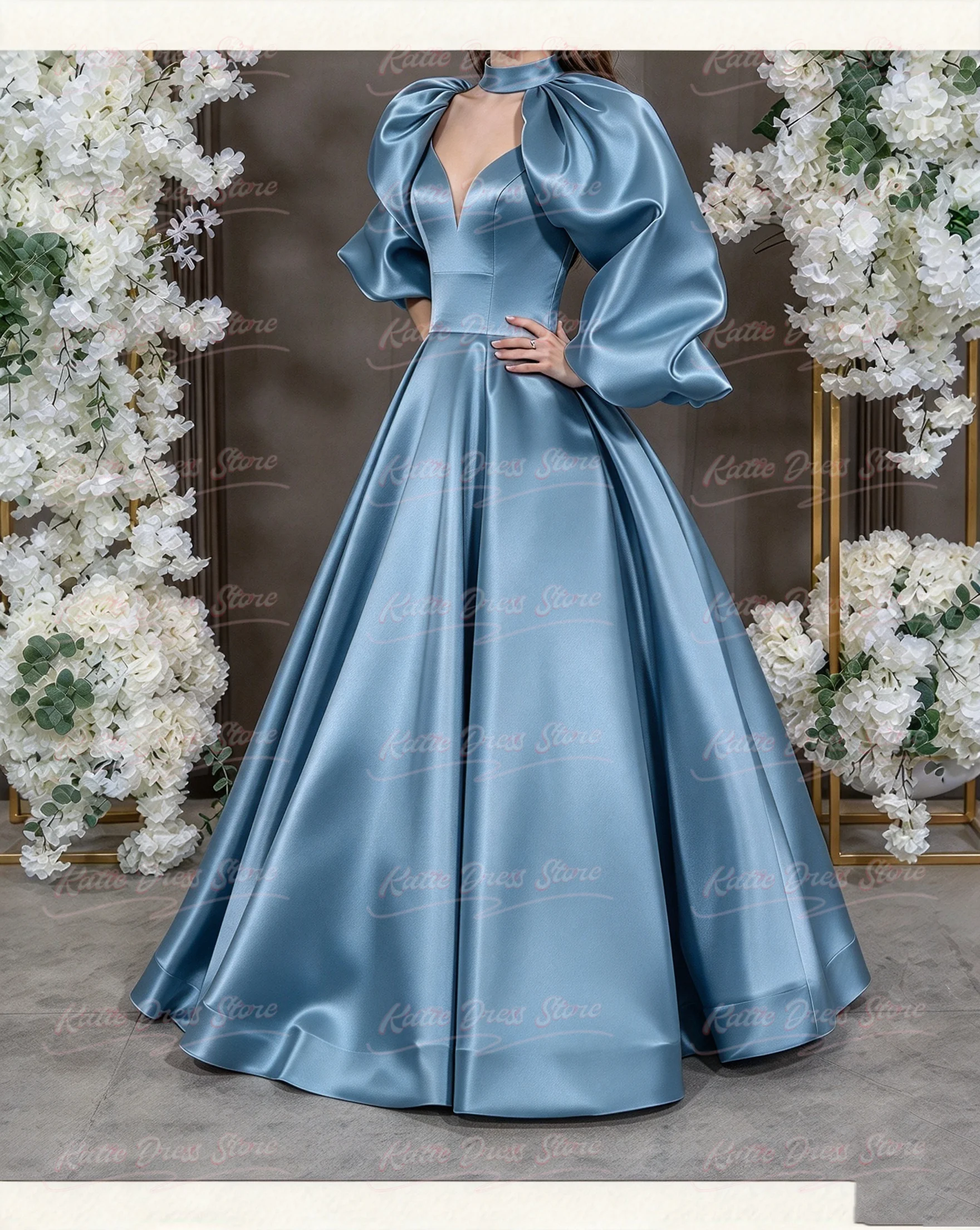 Elegant Pleated Satin Bridesmaid Dress for Wedding Puffy High Neck Balloon Sleeves Women Evening Communion Dress Customized