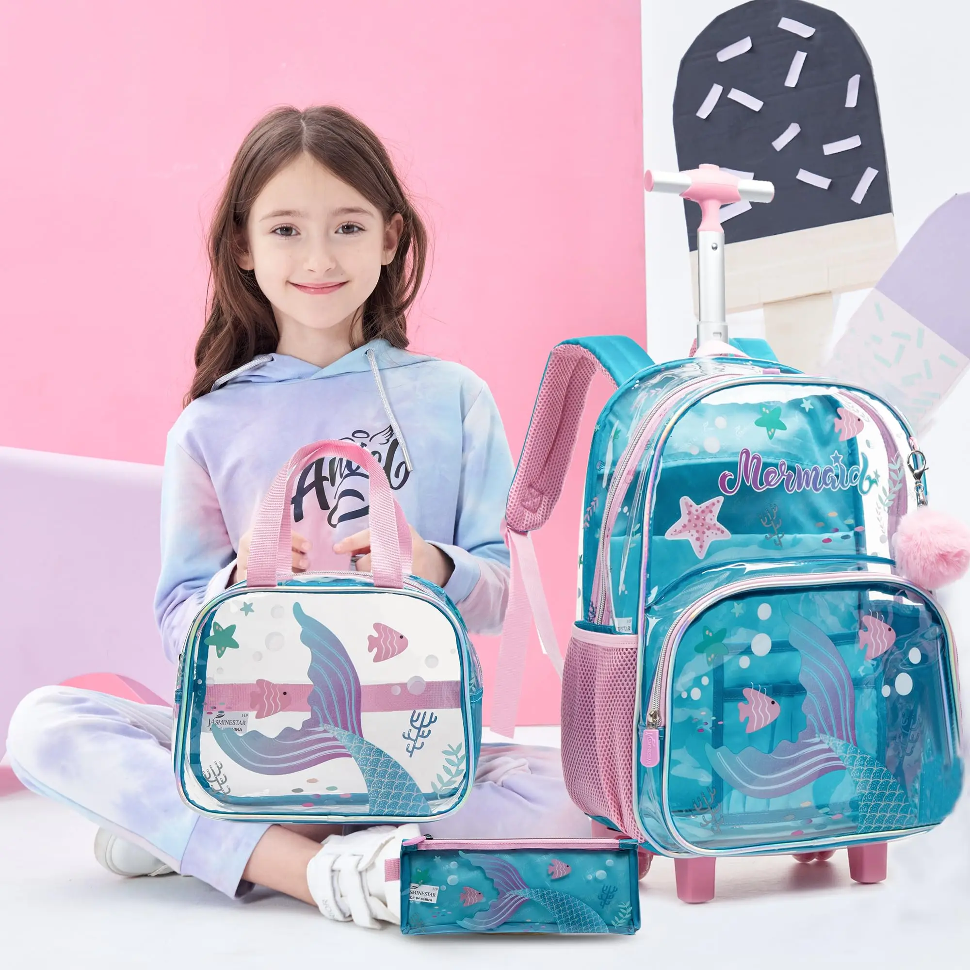 Mermaid Rolling Backpack for Girls Backpack with Wheels for Elementary Kindergarten Roller Backpack on Wheels with Lunch Box