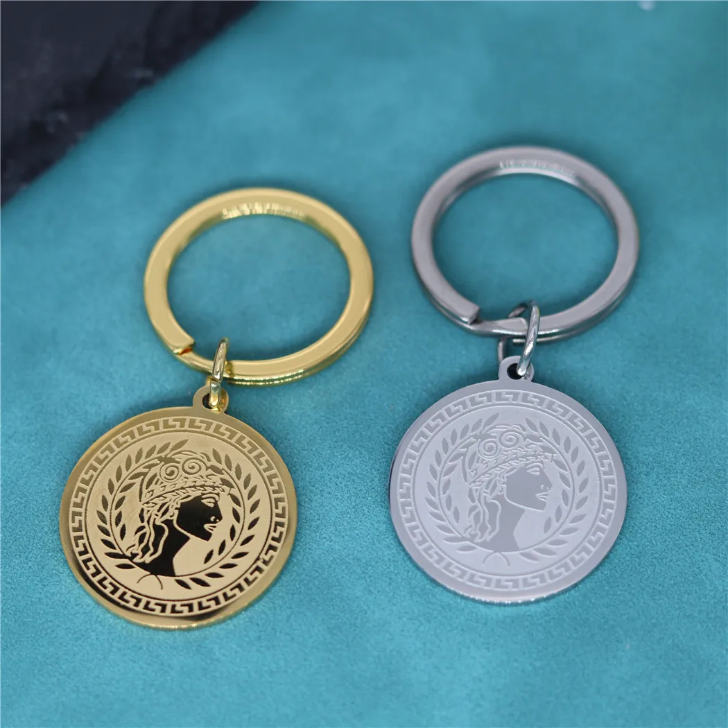 

Ancient Greek Hera Goddess Amulet Keychain Gold Color Stainless Steel Round Pendant Keyring Men Women Hip Hop Jewelry Gift