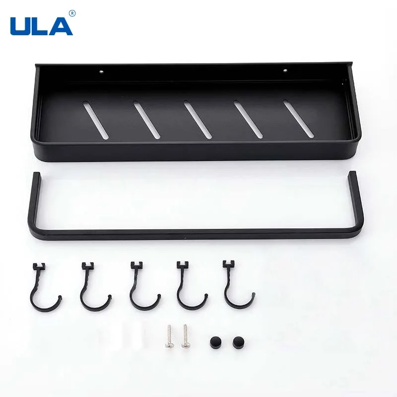 ULA Black Bathroom Shelf 30/40/50/60 cm Kitchen Wall Shelf Shower Holder Storage Rack Towel Bar Robe Hooks Bathroom Accessories