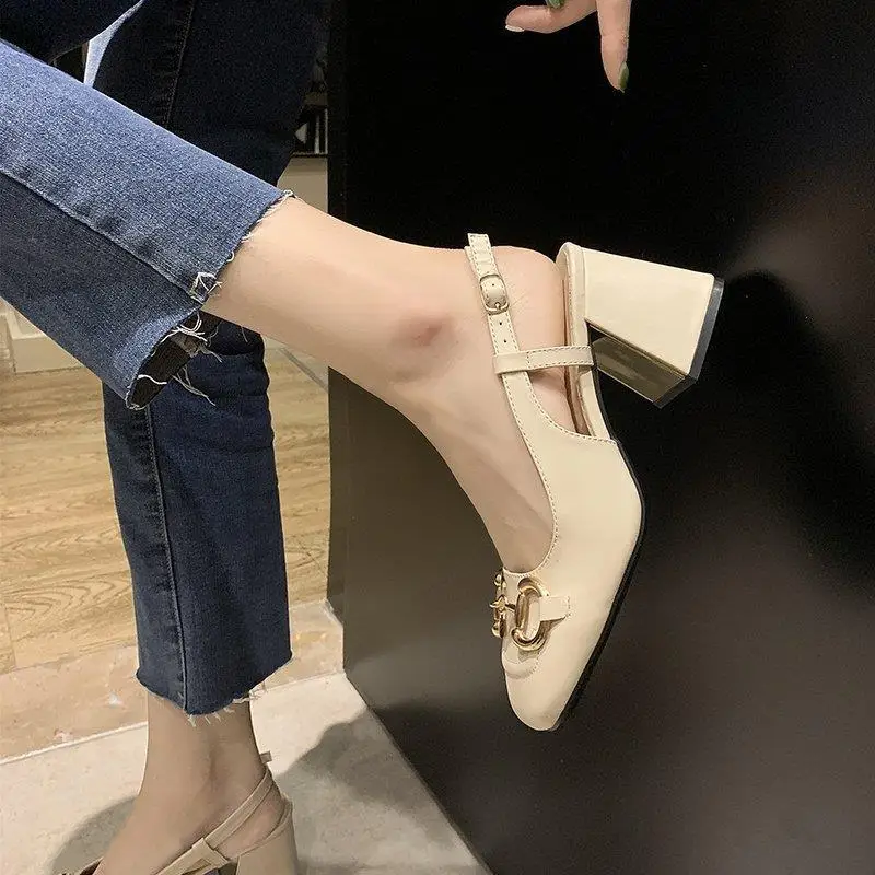 Women\'s High Heels 7CM Sandals 2024 Summer French Style Back Empty Female Thick Heel Square Toe Mary Jane Shoes Black Rose red