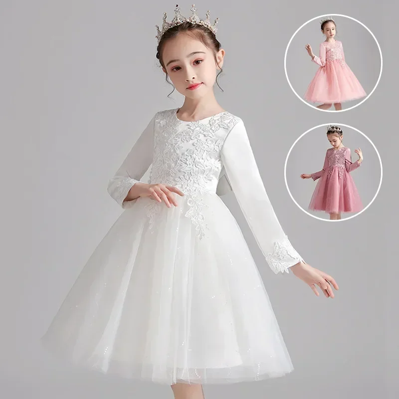 Saia fofa de manga comprida infantil, vestido formal feminino, roupa de formatura, desfile, novo, primavera