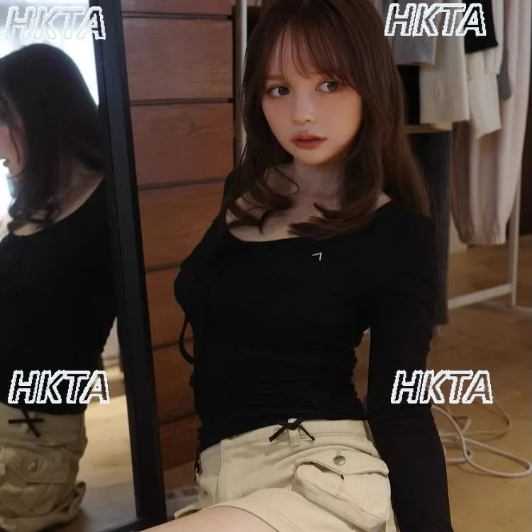 

Плиссированная тонкая футболка с длинным рукавом в японском стиле Pure Desire, топ для женщин и девочек, осень 2022, новая черная футболка с глубоким v-образным вырезом