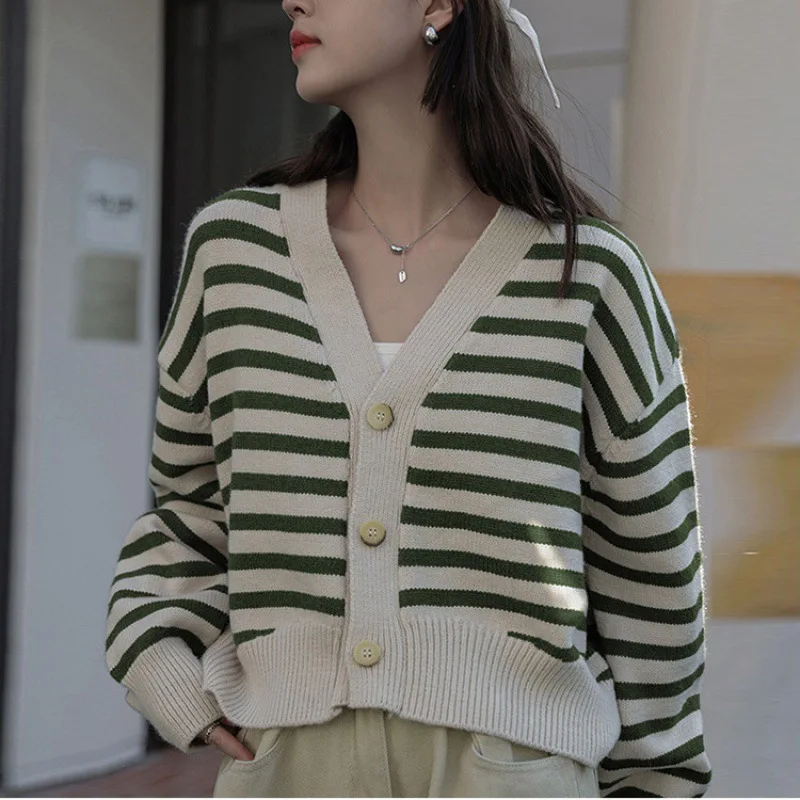 Women Striped Short Sweater Fashion V-neck Single Buttons Knitted Cardigans 2024 Casual Female Long sleeve Outwear Coat