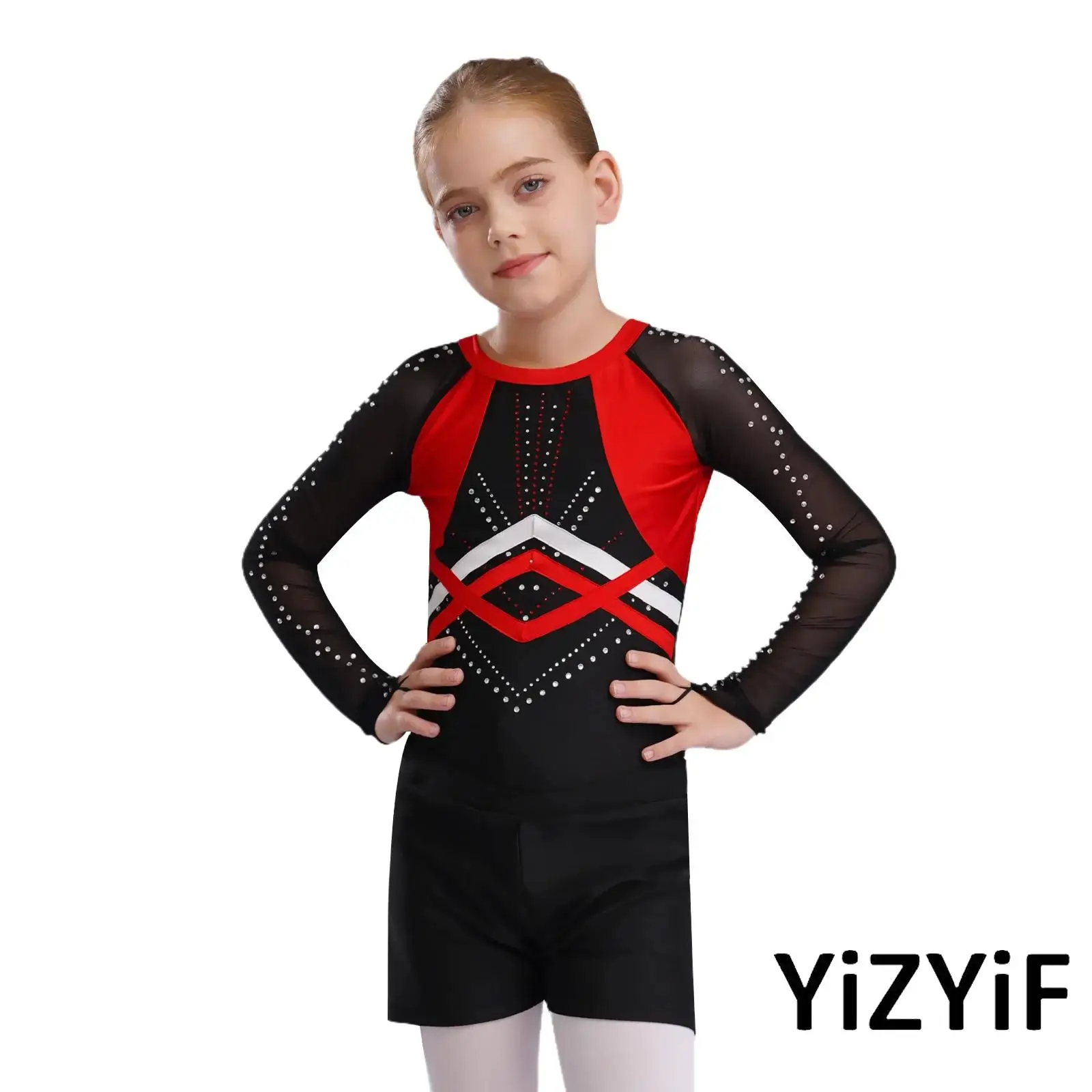 

Girls 3 Pcs Jazz Gymnastics Dance Costume Set Long Sleeve Patchwork Shiny Rhinestones Leotard with Waistband Shorts And Headwear