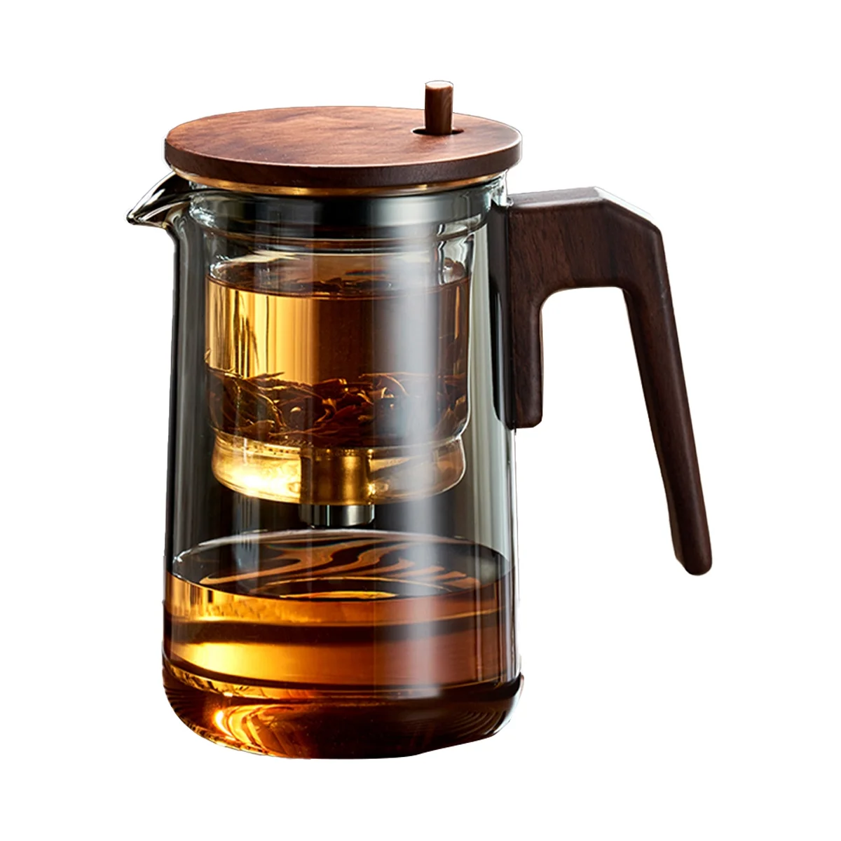 Glass Teapot with Wood Handle Heated Resistant One-Button Filtering Transparent Scented Tea Pot Teaware