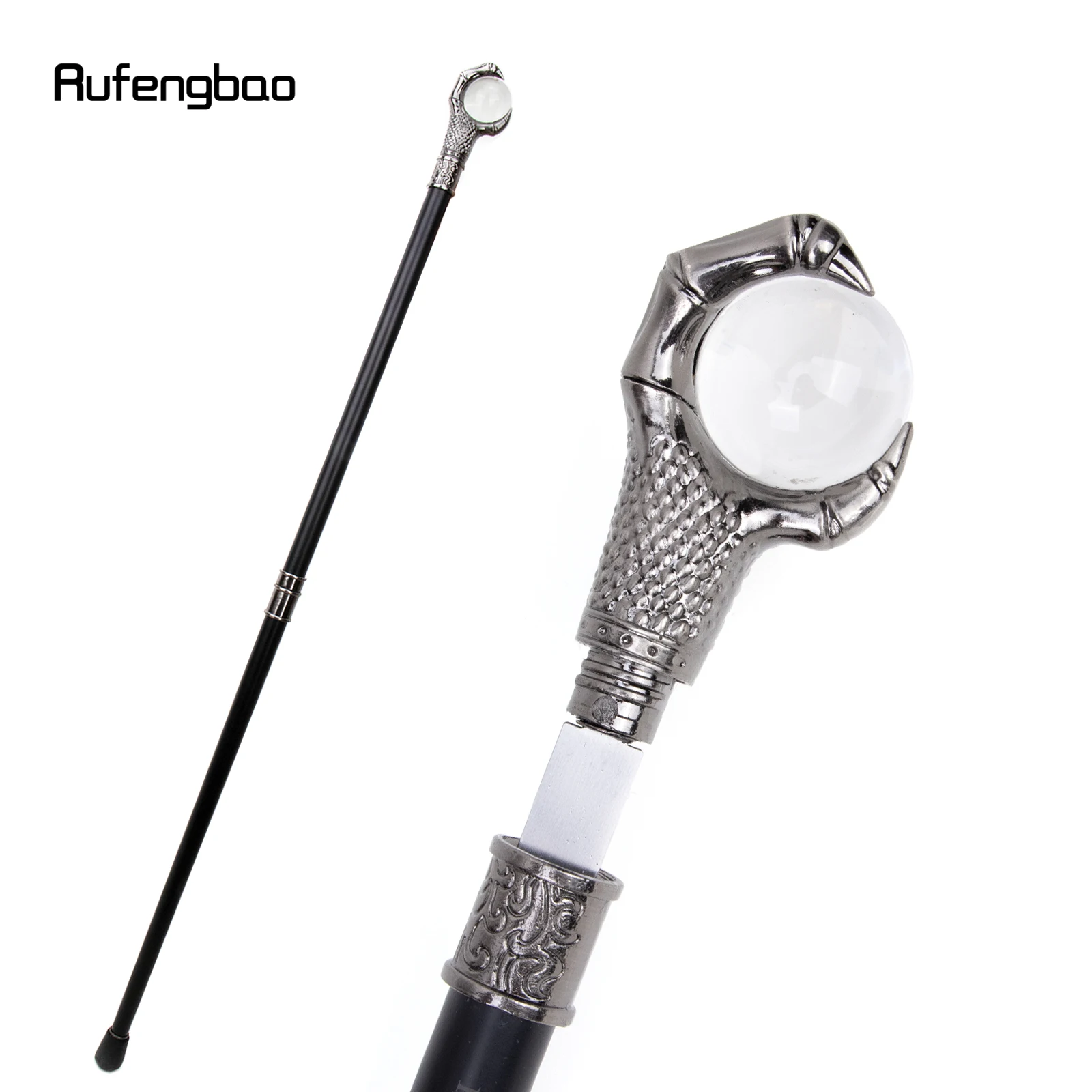 Silver Dragon Claw Grasp Glass Ball  Walking Stick with Hidden Plate Self Defense Fashion Cane Plate Cosplay Crosier Stick 93cm