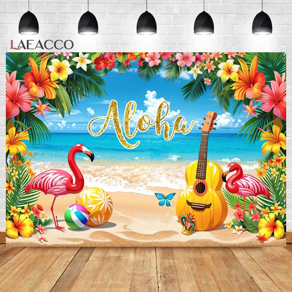 Summer Flamingo Photo Backdrop Tropical Palms Tree Luau Aloha Hawaii Beach Seaside Baby Birthday Party Photography Background