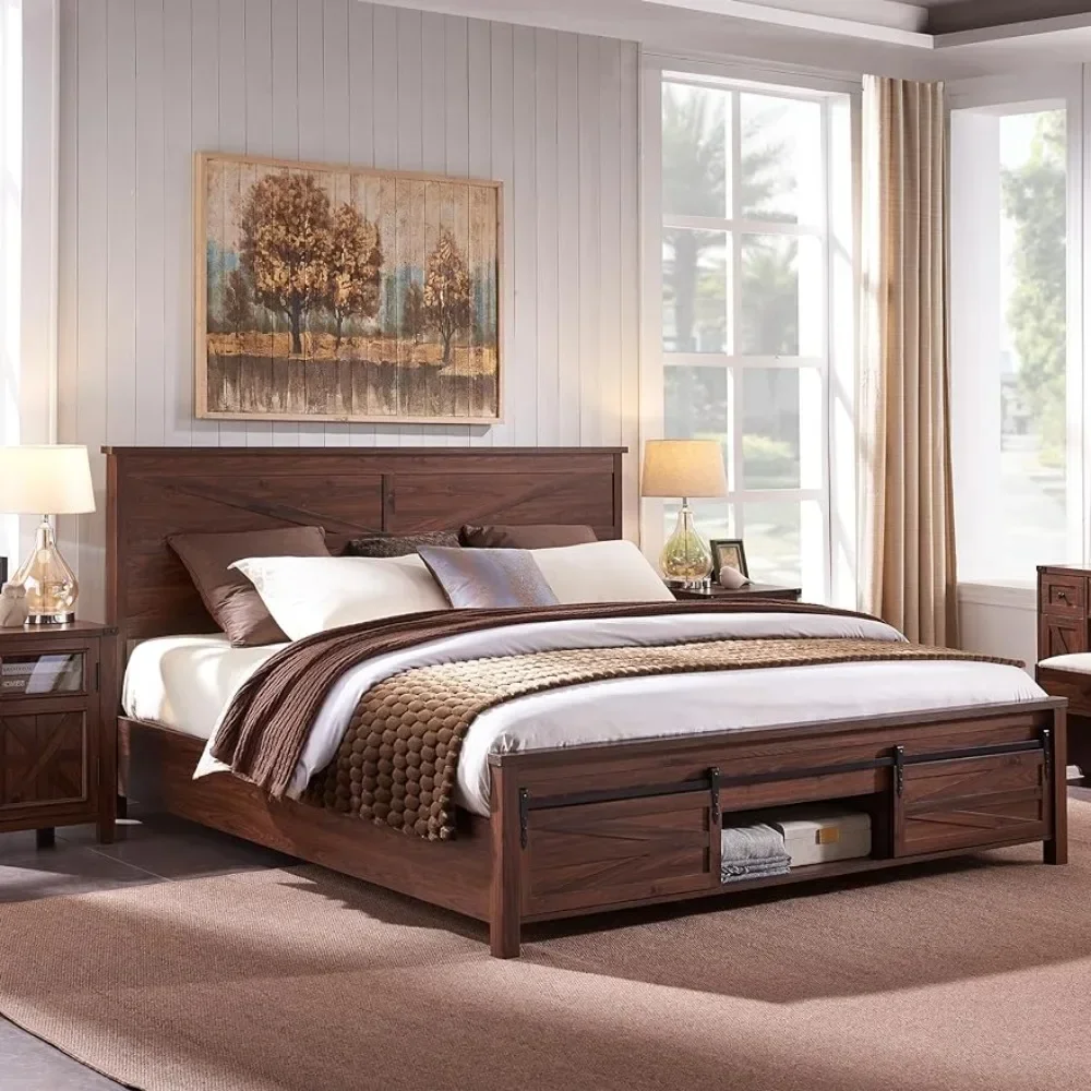 King Queen Full Size Bed Freme with Sliding Barn Door Storage Cabinets, Solid Wood Slats Support, Noiseless Beds