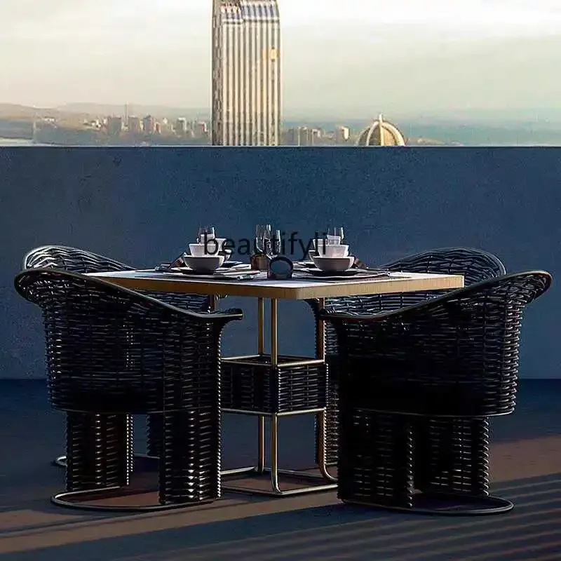 P مجموعة طاولة وكرسي خارجي، مجموعة كراسي الروطان الفاخرة الخفيفة، كرسي طعام غير رسمي، طاولة طعام