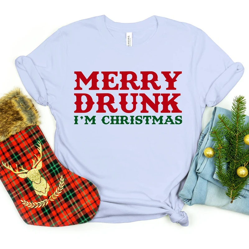 Merry Drunk I'm Christmas Women T Shirts Funny Christmas Gift Round Neck Graphic Tee Festival Clothes Dropshipping Ladies Tops