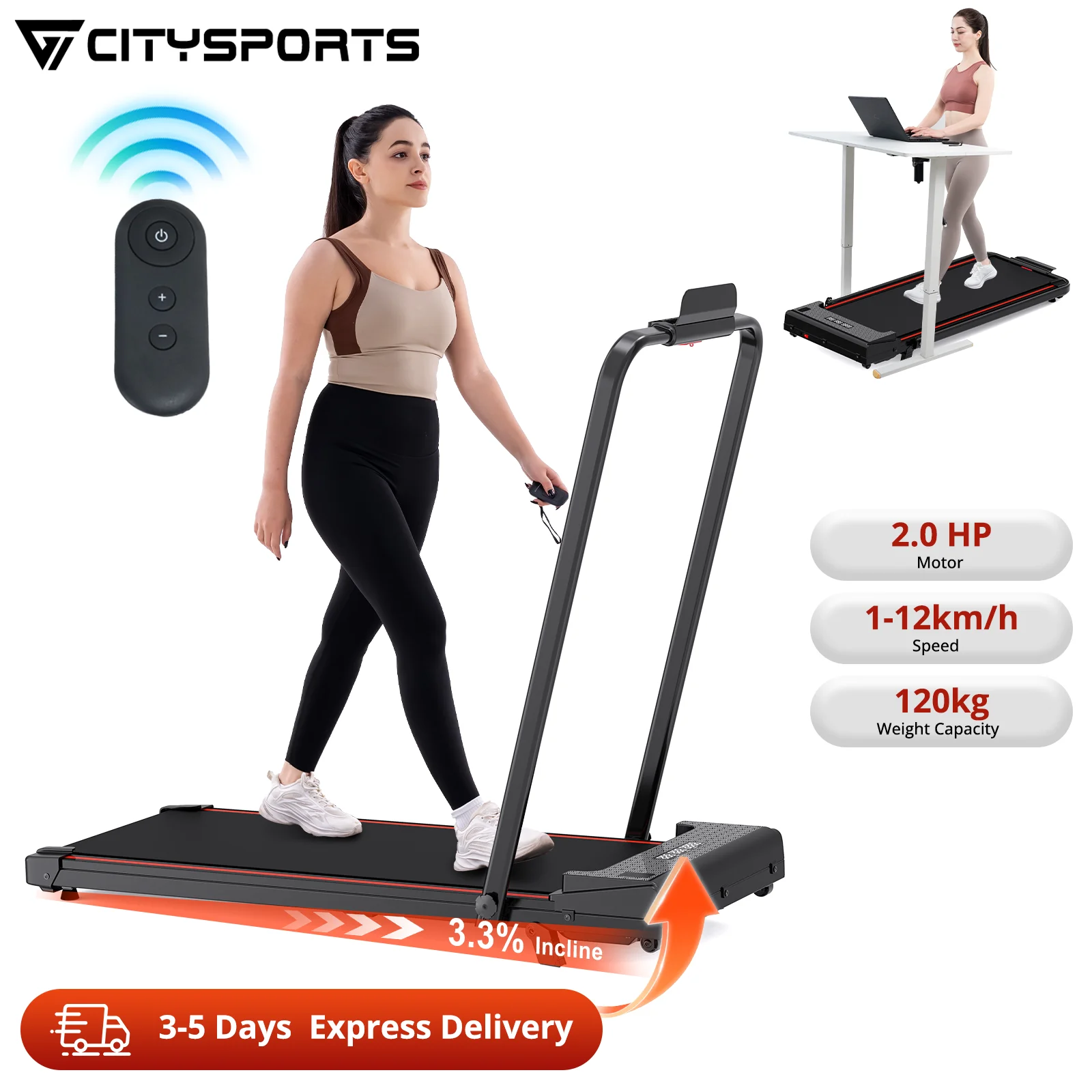 CITYSPORTS PRO Tapis de Course, tapis de marche, tapis de course, tapis de course électrique inclinable,tapis de marche inclinable, treadmill,tapis roulant,Tapis de Course Pliable,tapis de marche inclinable 3.3%,120kg,12km/h