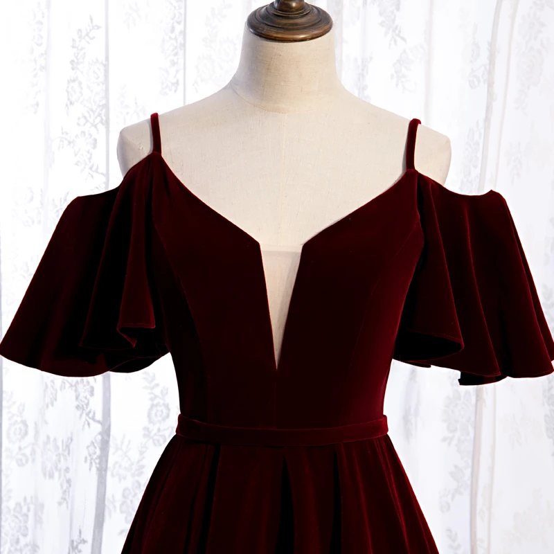 Evening Dress Wine Red Velvet Spaghetti Strap Ruffles Short Sleeves Lace up A-Line Floor-Length Party Formal Gown Woman B1208