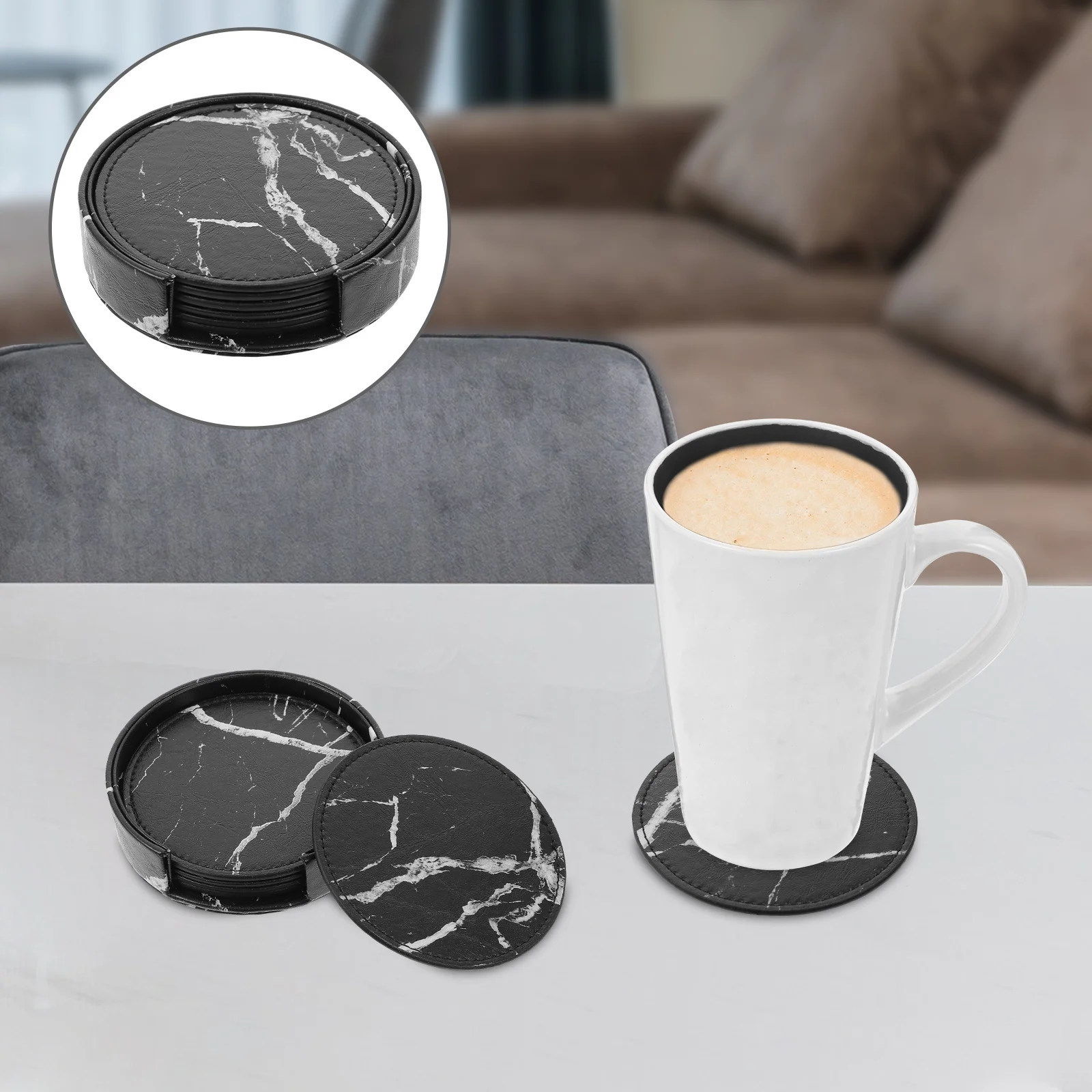 

1Set Round PU Coasters Cup Mat for Drinks Heat Resistant Table Protection Non Slip Decorative Home Kitchen Office Bar