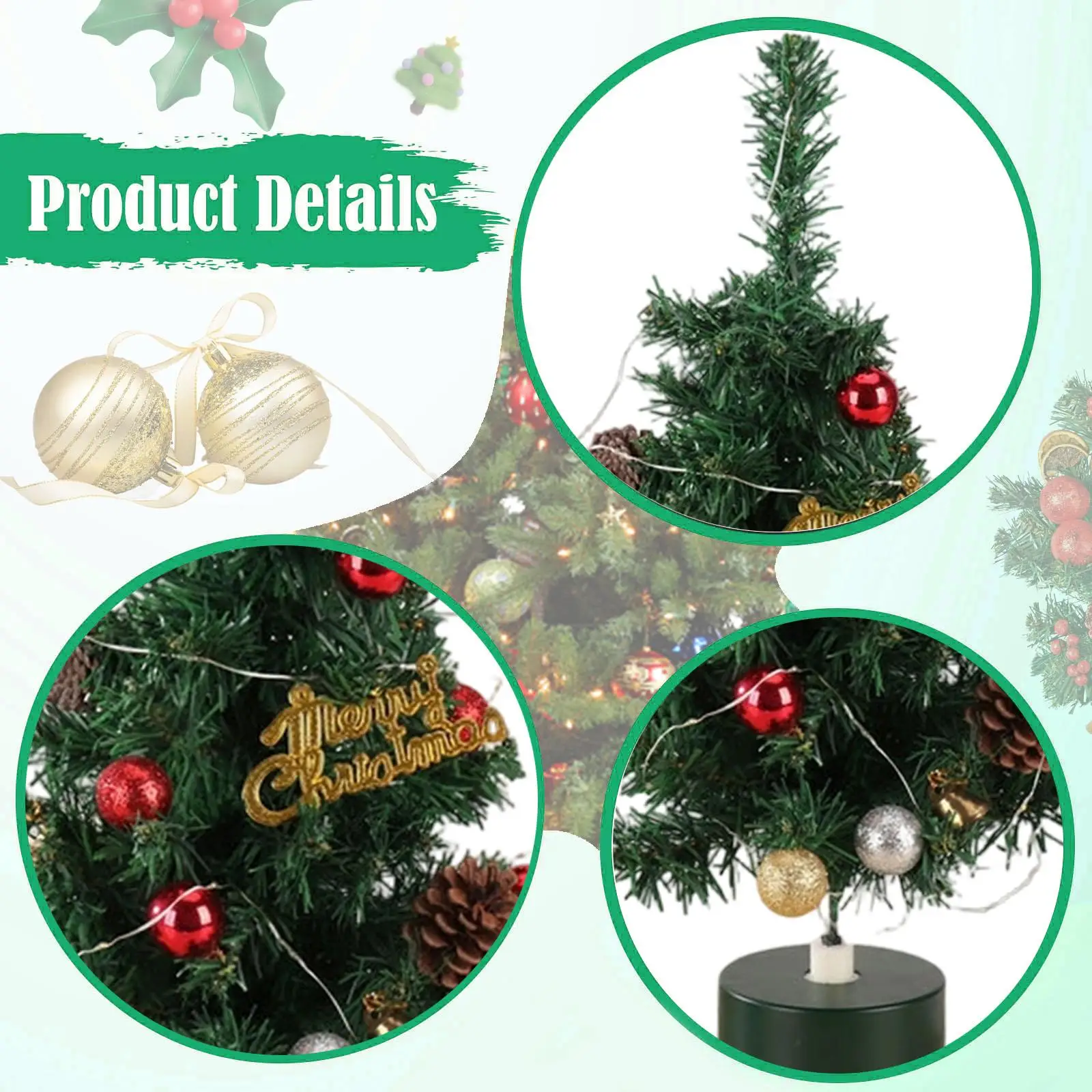 

Artificial Mini Christmas Tree Tabletop PVC Pre Lit LED Xmas Tree Holiday Decoration for Home Office Shelf Party Gift