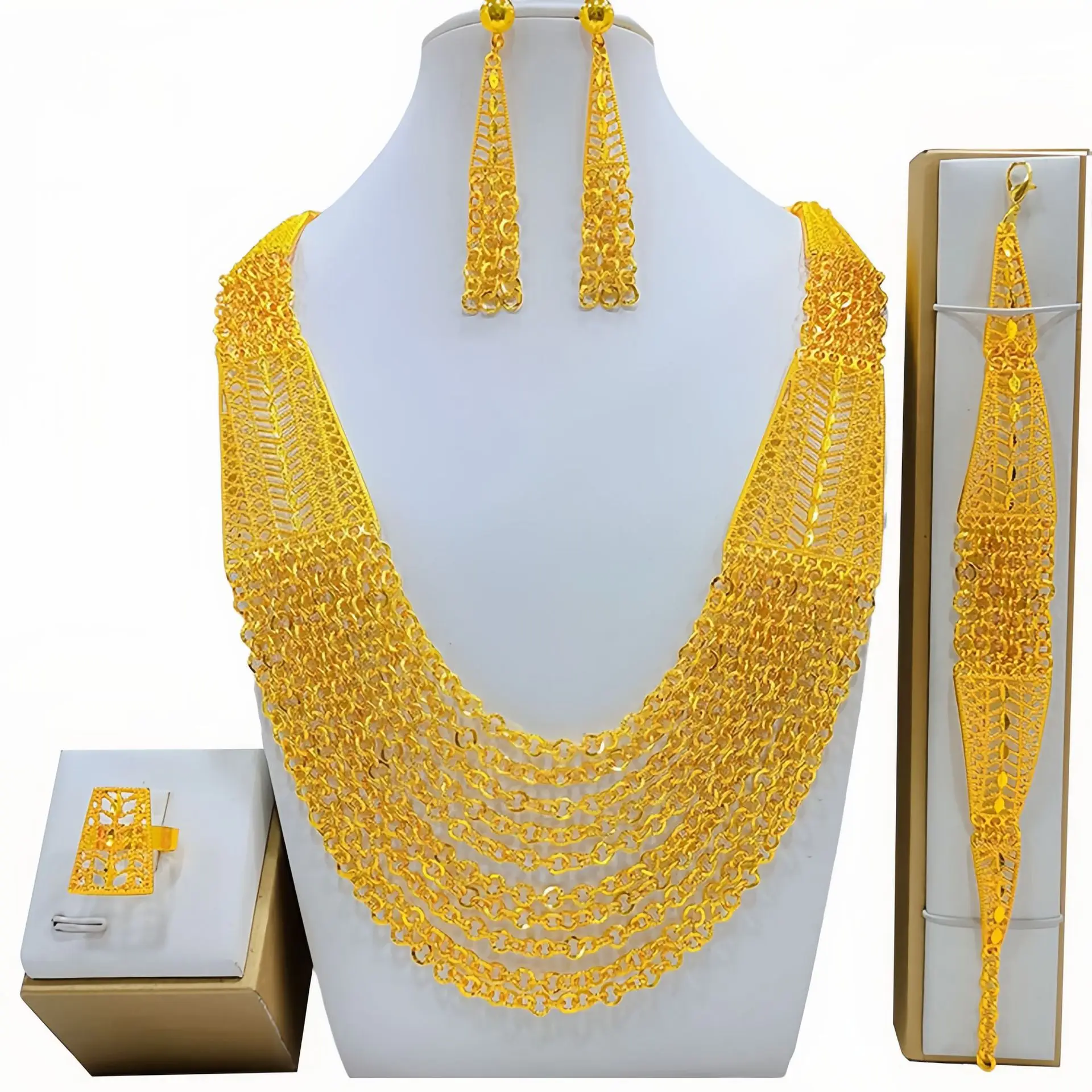 Elegant Gold Plated Jewelry Set Ethiopian Fashionable Ladies Wedding Accessories including Necklace Bracelet Earrings Ring