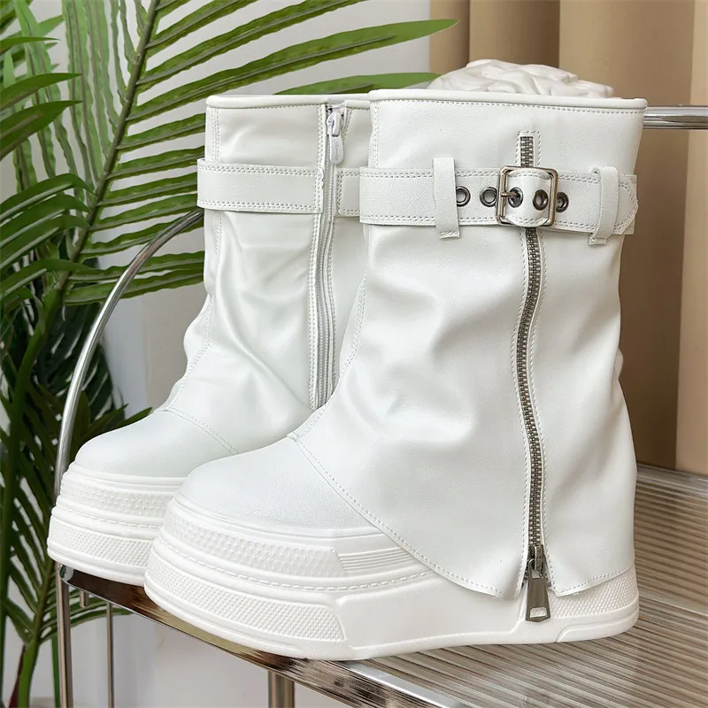 New 12CM Platform Boots for Women Ankle Boots Motorcycle Sexy Punk Women Ankle Boots Genuine Leather Spring Autumn Waterproof
