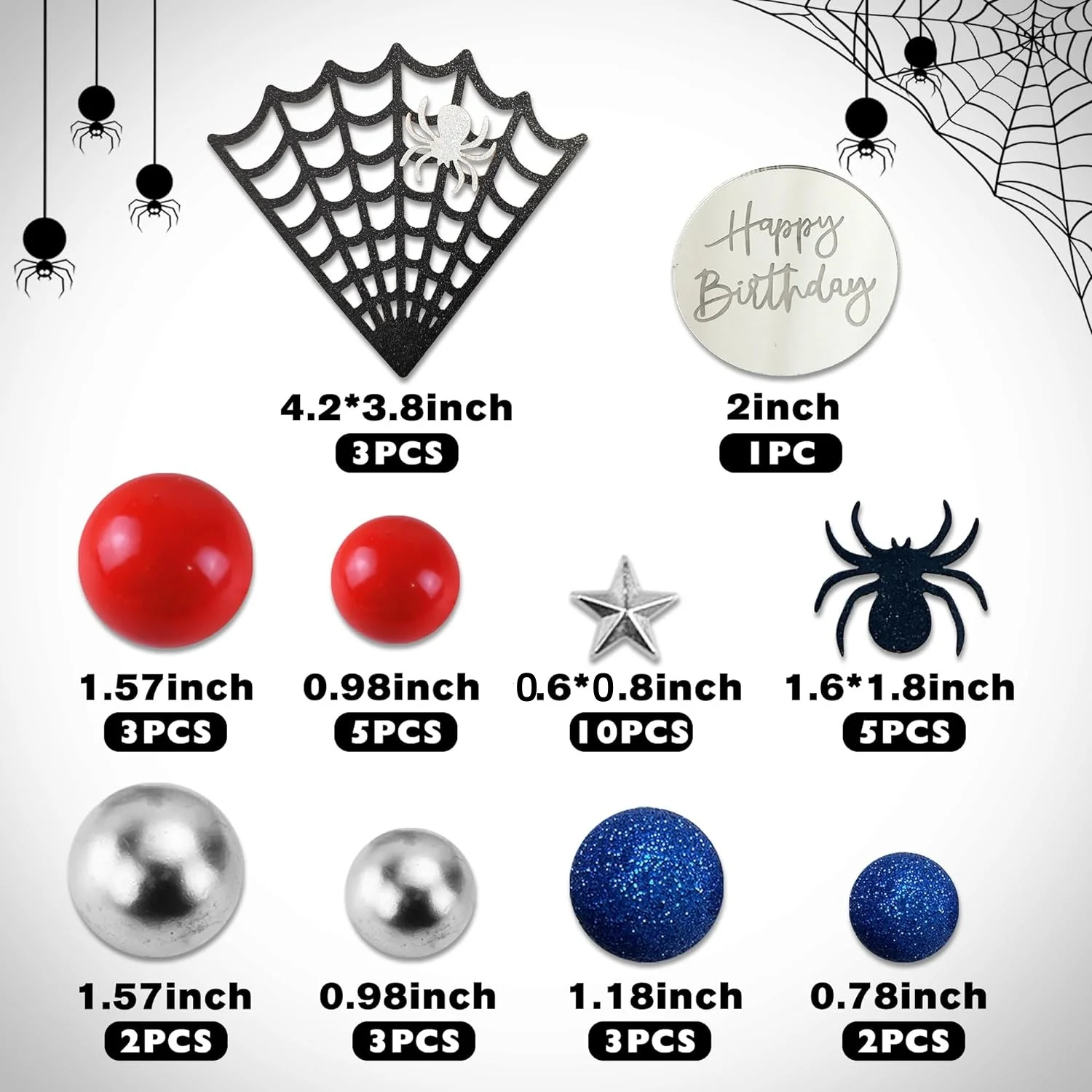 Spider Theme Cake Decor Glitter Spider Birthday Toppers Star Red Silver Blue Balls Cupcake Topper for Boys Men Baby Shower Party