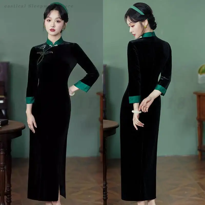 

Autumn Winter New Chinese Style Dress Qipao Women Elegant Velour Long Sleeve Gown Soft Velvet Cheongsam Sexy Slit Vestidos