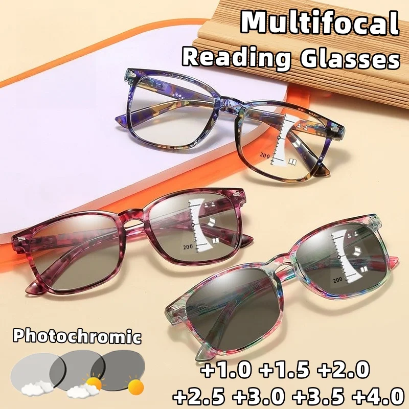 

Fashion Print Photochromic Multifocal Reading Glasses High-Definition Anti-Blue Light Presbyopia Eyewear Diopters +1.0 To +4.0