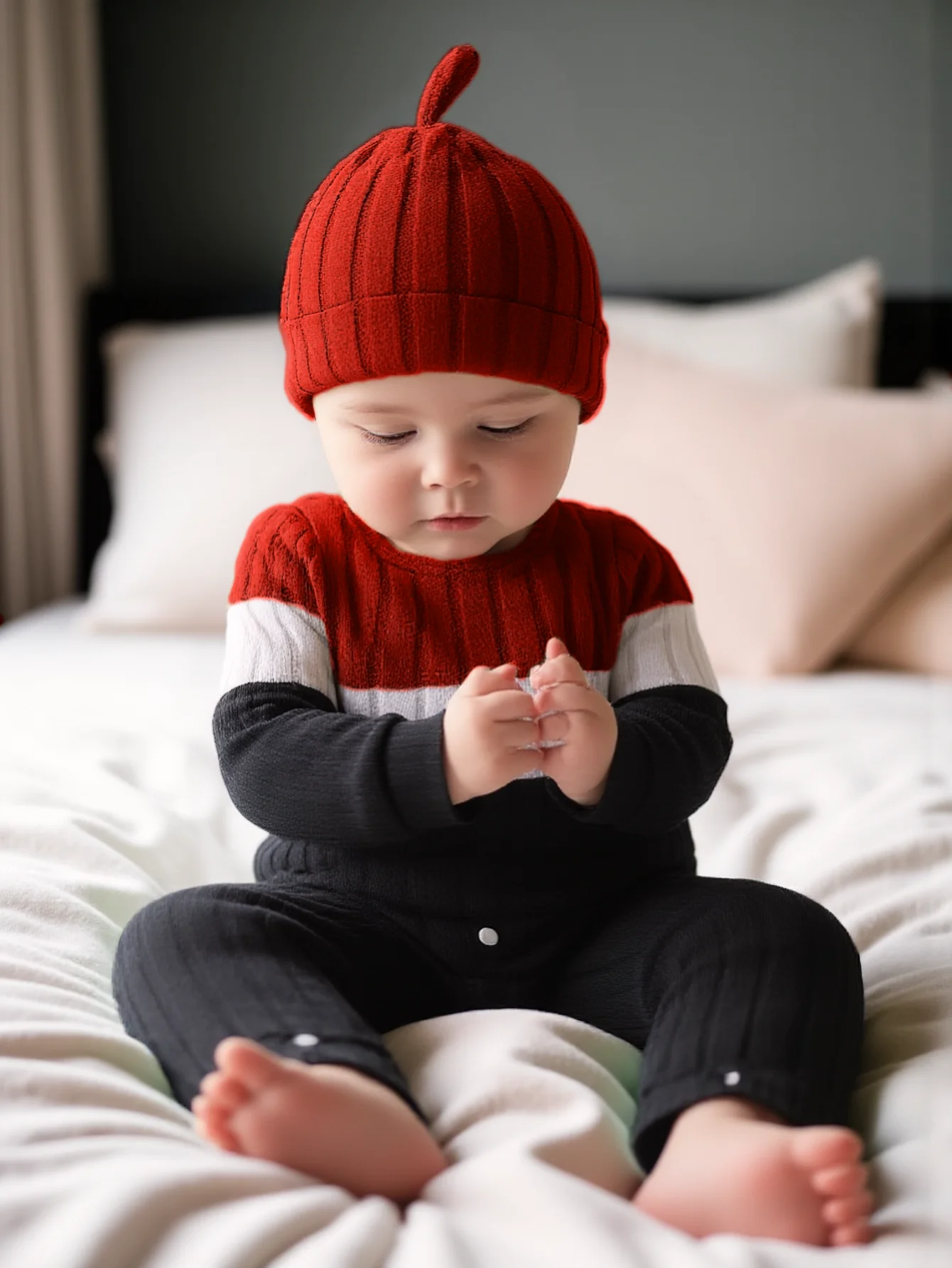 2Pcs Baby Fall Color Block Ribbed Romper with Knit Hat, Soft Snap Crotch Jumpsuit for 0‑18M
