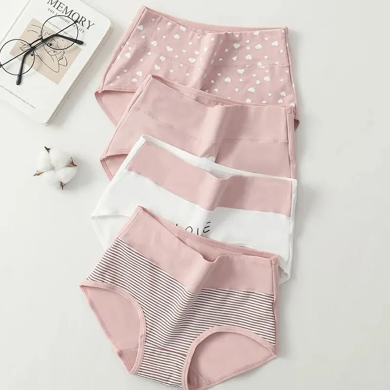 4Pcs/Set Women's Panties High Waist Underwear Fashion Print Girls Briefs Breathable Cotton Panty Plus Size M-5XL Female Lingerie