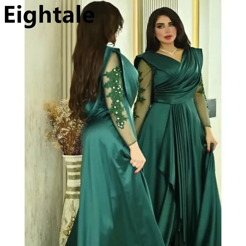 

Eightale 2023 Dubai Satin A Line Evening Dress V Neck Long Sleeve kaftan Floor Length Beaded Prom Dress Dubai Party Customized