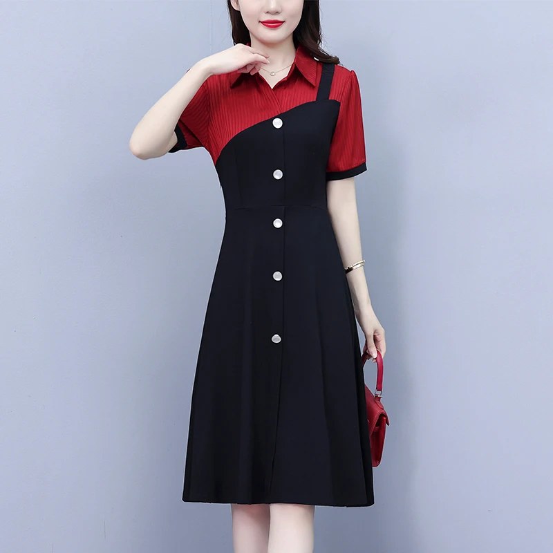 #7985 Black Spliced Red Shirt Dress Turn-down Collar Office A-line Dress Ladies Buttons False Two Piece Irregular Dress Summer