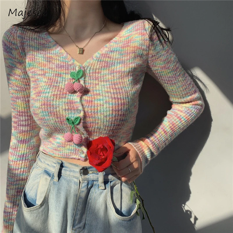 

Y2k Cardigan Women Slim Cropped Midriff-baring Colorful Tender Autumn Cute Sweet Japanese Style Harajuku Daily Street College