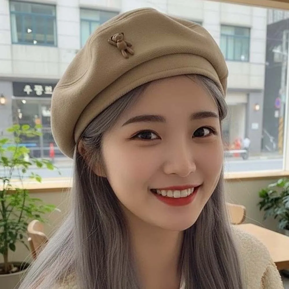 Soft Vintage Beret Hat Classic Color Thermal Texture Cartoon Bear Cap Exquisite Heart Decor Newsboy Octagonal Hat Young Girls