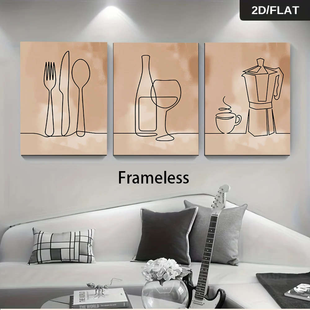 1 set of modern minimalist kitchen decorative paintings, coffee cup and tableware line drawings, home decoration, 2D flat design