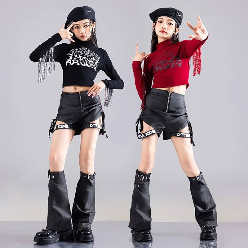 Jazz Dance Costume Girls Black Red Kpop Dance Set Crop Tops Shuffle Pants Skirt Kid Hip Hop Stage Outfit Children Clothing 1348