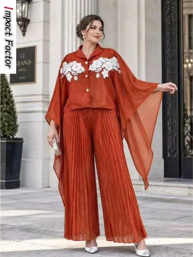 2026 African Women's Clothing Set Splicing Premium Wide-leg Pants with Top Miyake Pleated Loose Two-piece Set