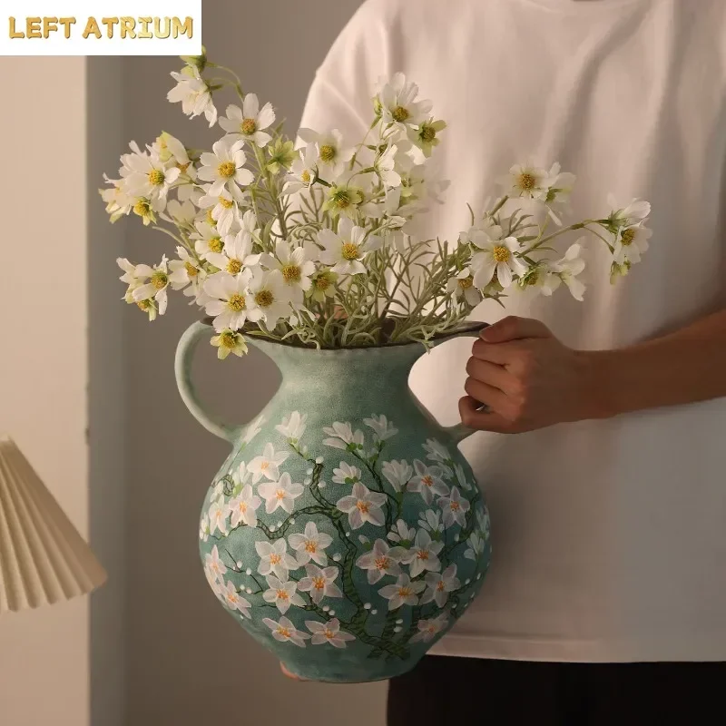 New Chinese Retro Hand Painted Ceramic Vase Double Ear Flower Vase Pastoral Style Living Room Home Decor Ornament