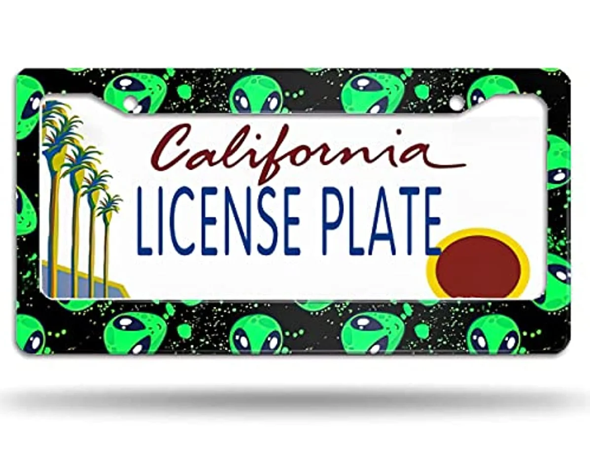 

Aliens UFO License Plate Frame Decorative Car Tag Frames Aluminum Stainless License Plate Holder for Women 2 Holes US Standard