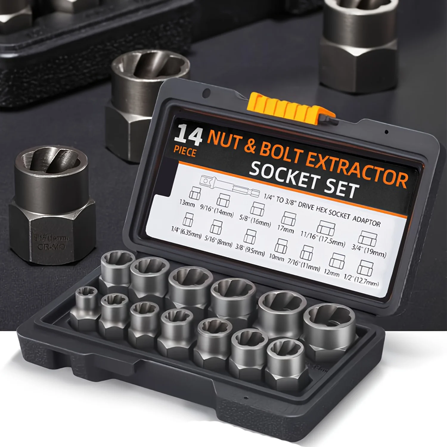 

14Pcs Bolt Extractor Kit, 3/8" Drive Impact Bolt & Nut Remover Socket Tool Kit, Stripped For Damaged, Frozen, Studs, Rusted Bolt