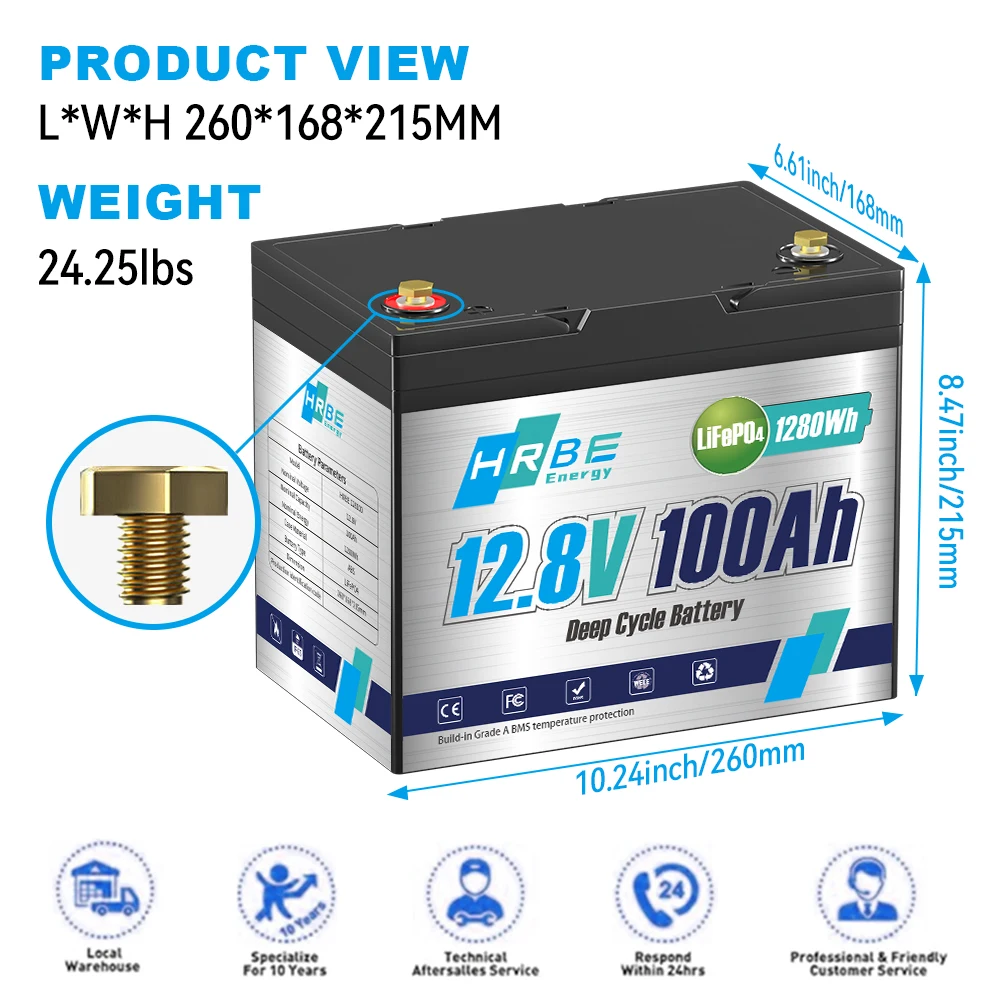 Batería de litio LiFePO4 de 12V y 100Ah, grupo 24, BMS integrado de 100A, energía máxima de 1280Wh, 5 años de vida útil, ciclo profundo, para RV, Motor de curricán