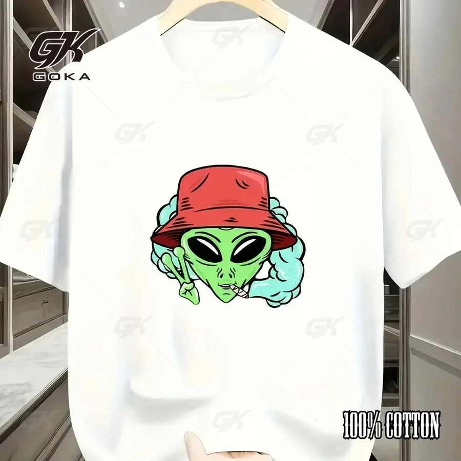 Cool Alien with Red Bucket Hat Smoking Peace Sign Graphic Casual Street T-Shirt Casual Short Sleeve White Crewneck Tops