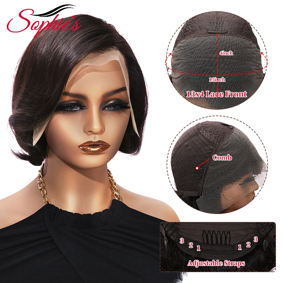 Sophie-perruque Bob Lace Front Wig Remy brésilienne naturelle, cheveux courts et lisses, couleur naturelle, 13*4, densité 180%, pour femmes