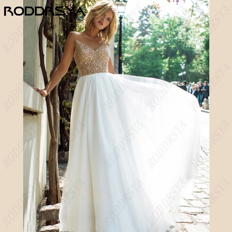 

RODDRSYA Glittering Sequin Wedding Dresses For Women Sexy V-Neck Backless Vestidos Novia Elegant A-Line Tulle Bridal Gowns