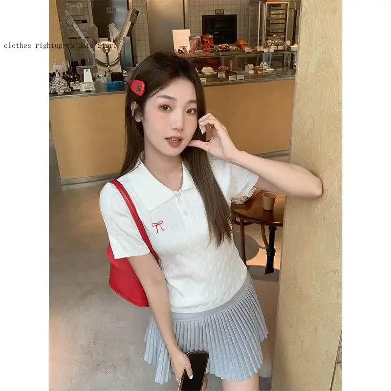Korean Sweet Bow Fried Dough Twists Temperament Versatile Short Sleeve T-Shirt for Women In Spring Leisure
