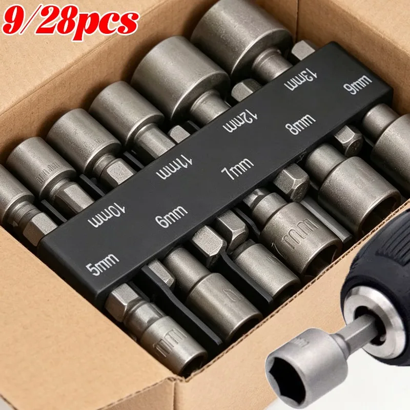 5mm-13mm Hex SocketS Sleeve Nozzles Nut Driver Set Power Nuts Driver Socket Screwdriver Bits Sets Tools for Auto Repair