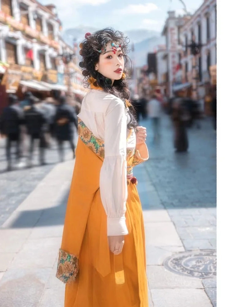 

Autumn Winter Tibetan Costume Women's New Sle Yellow Improved Ethnic Wind Tibet Clothes Yunnan Travel Photo oot Clothing