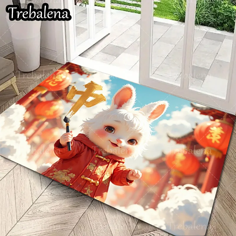 1 قطعة حصيرة باب ترحيب أرنب لطيف في الأحمر زي ممسحة السنة الصينية الجديدة زينة للمنزل
